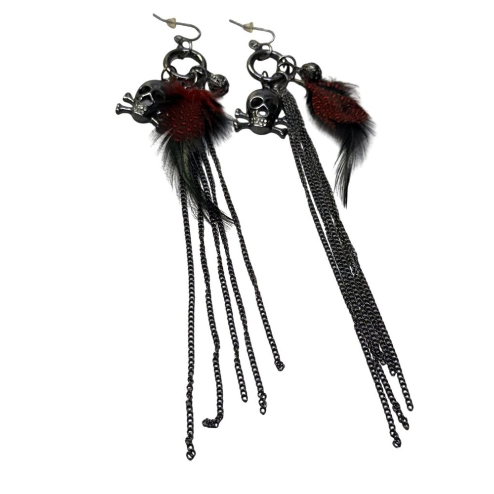 Gothic Skull Dangle Earrings Chain Red Feathers Crystal Accent Boho Punk Jewelry